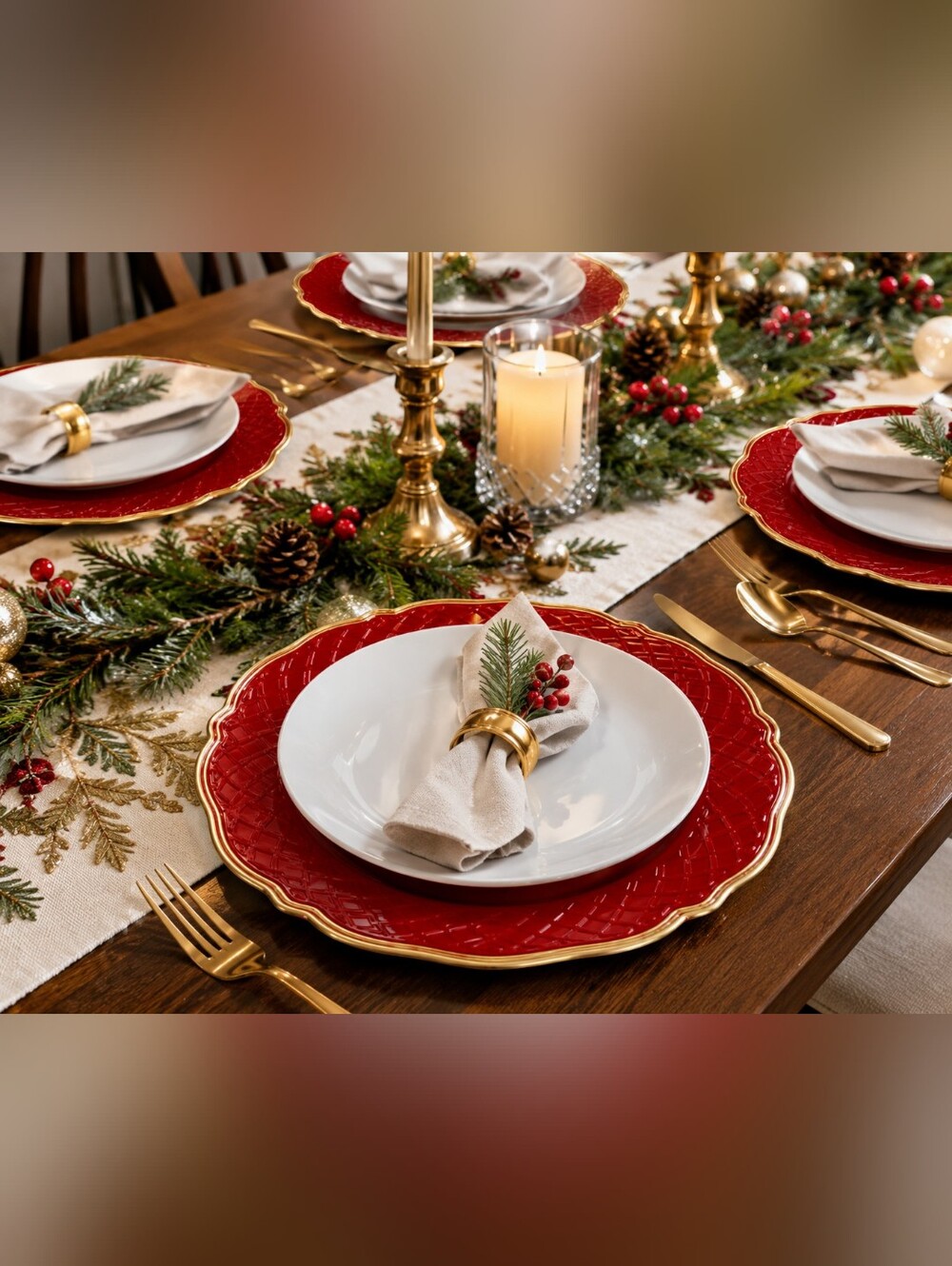 Set of 6 Red Gold Plastic Charger Plates 13" Decorative Holiday Table